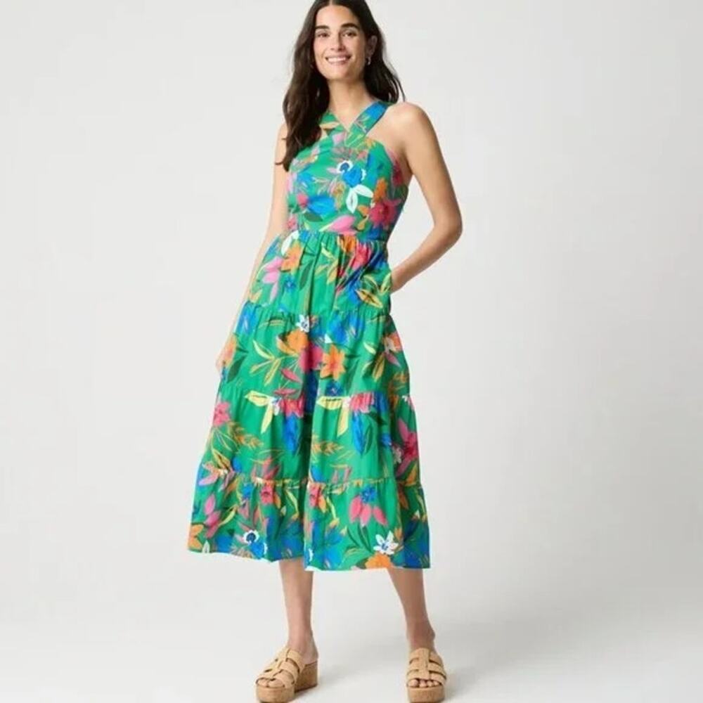 J. Crew Women's Printed Tiered Halter Midi Dress Sleeveless Women’s Size 14 NWT